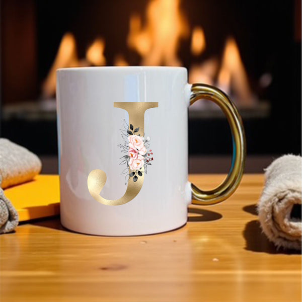Gold Initial Mug with pink floral design and metallic gold handle