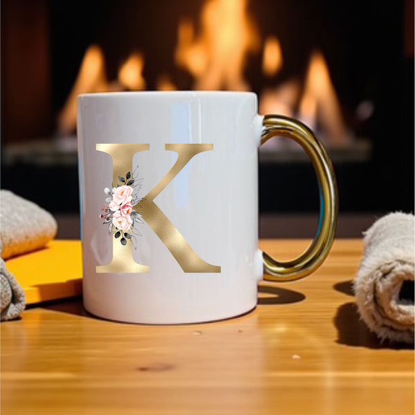 Gold Initial Mug with pink floral design and metallic gold handle