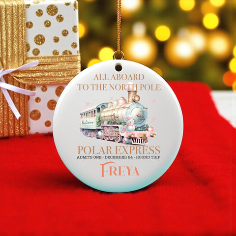 Polar Express pink pastels, ceramic tree decoration with personalisation