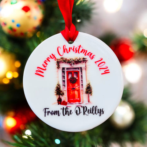 Round ceramic personalised Christmas tree decoration Christmas front door design