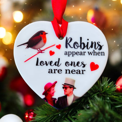 Robins appear ceramic heart tree decoration with photo