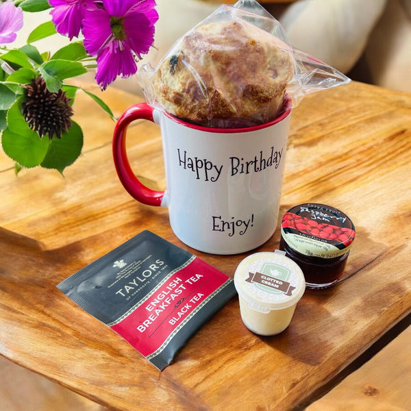 Home baked Fruit Scone Cream tea for one in a personalised mug