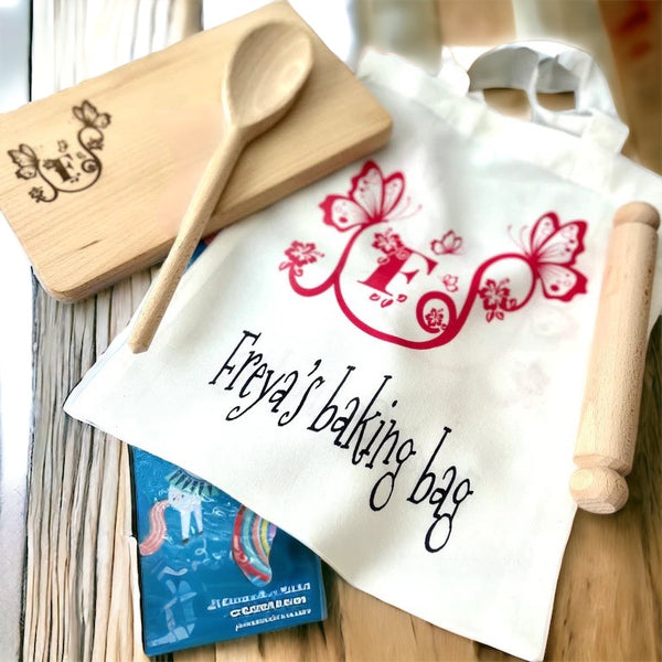 Childs personalised baking set in a bag