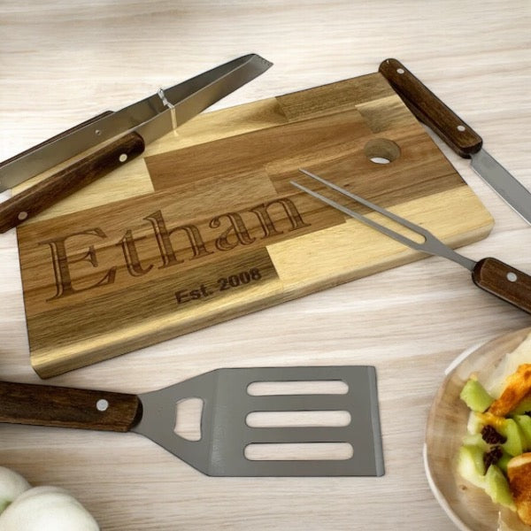 Multi coloured beech Family name chopping board