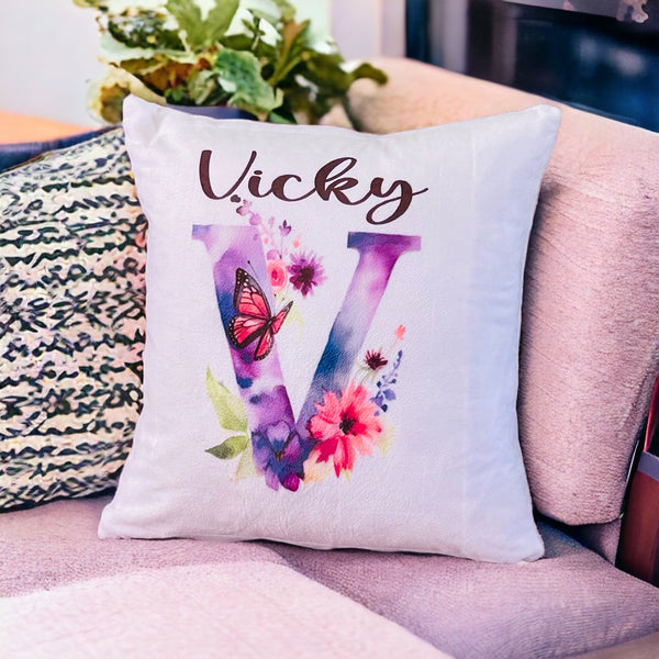 Flower and Butterfly design personalised initial cushion