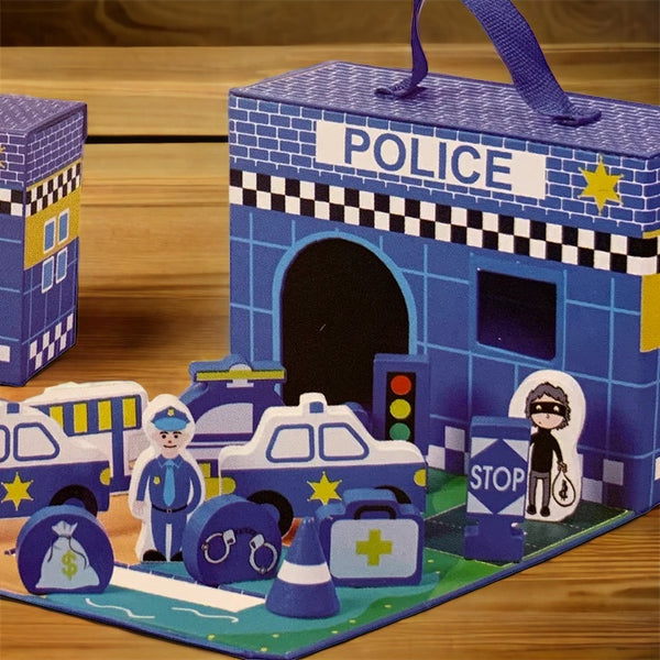 Foldaway Wooden Toys - Farm, Police, Fire, Unicorn set