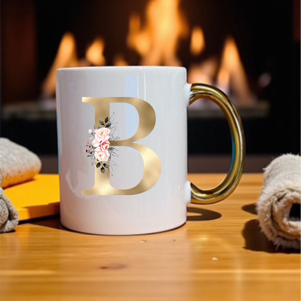 Gold Initial Mug with pink floral design and metallic gold handle