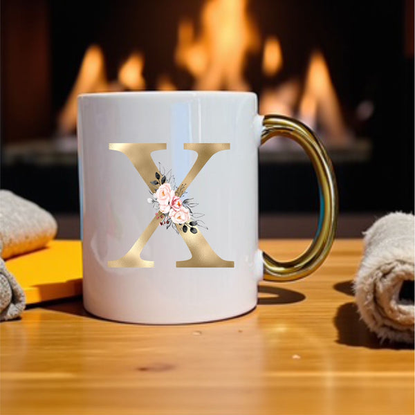 Gold Initial Mug with pink floral design and metallic gold handle