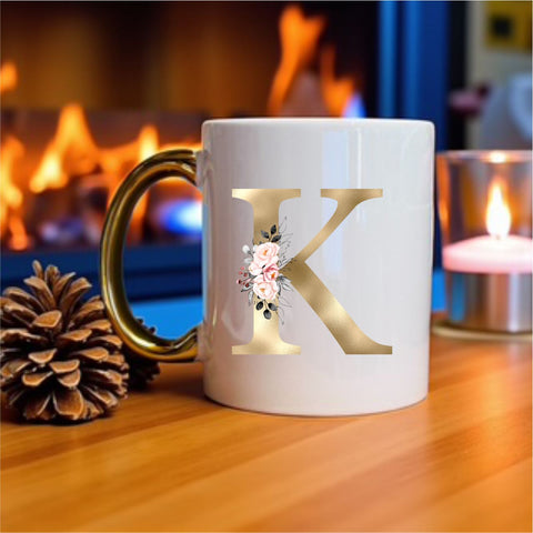 Gold Initial Mug with pink floral design and metallic gold handle