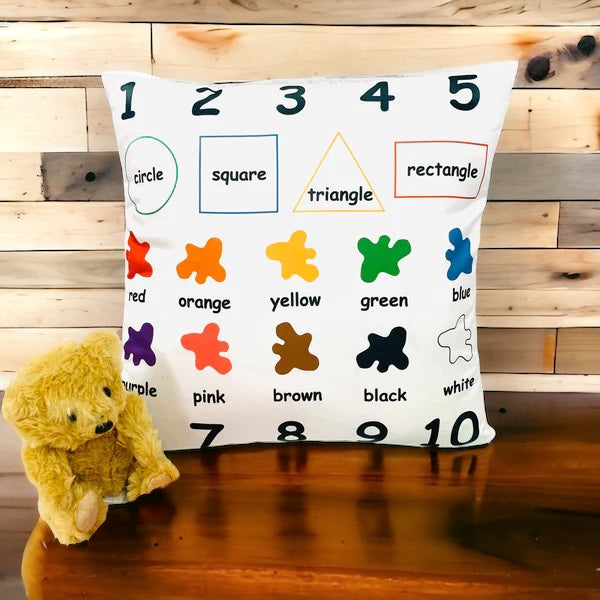 Learning cushion, personalised. Alphabet, colours, shapes & numbers