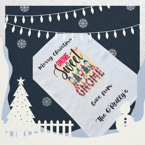 Christmas gnome sweet gnome personalised tea towel