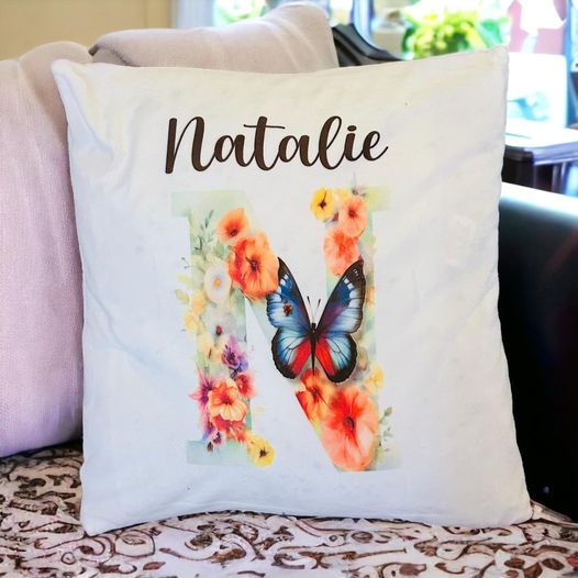 Flower and Butterfly design personalised initial cushion