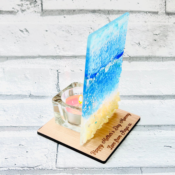 Fused glass tea light holders - beach scene