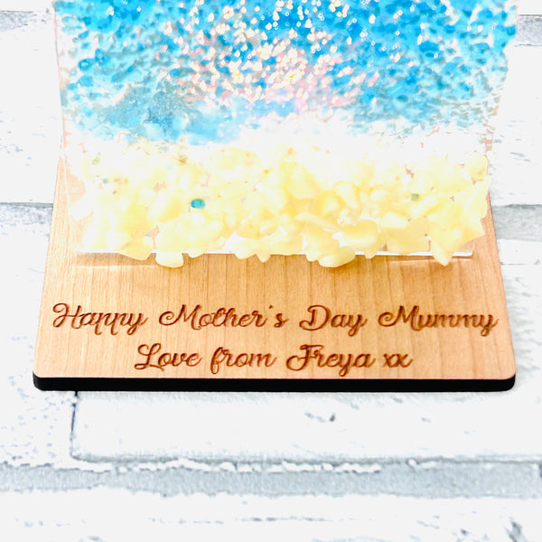 Fused glass tea light holders - beach scene