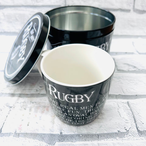 Mad about rugby mug in a tin