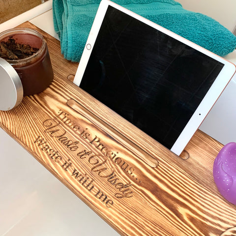 bath shelf, personalised bath shelf, laser engraved bath board, woodrn bath board