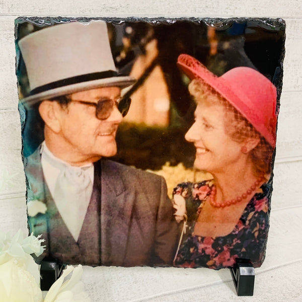square flossy rockslate picture of grandparents at a wedding 