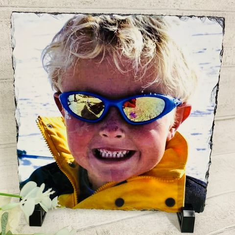 rock slate square picture of a boy skiing, photo, sublimated picture