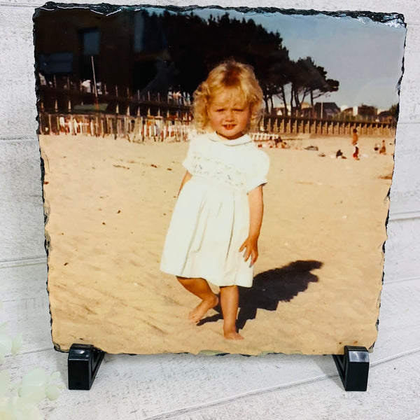 square rock slate picture of toddler on the beach